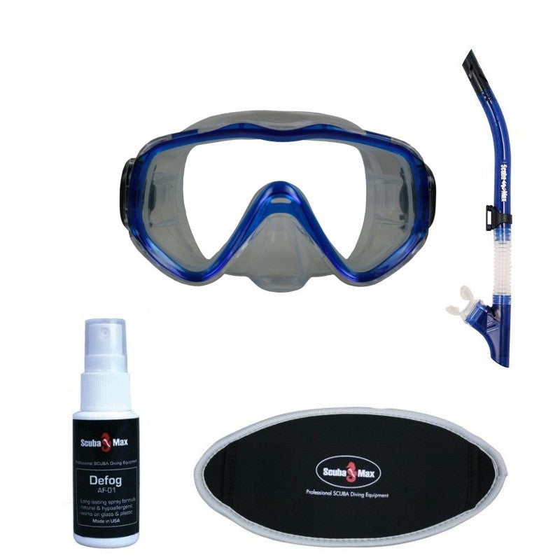 Scuba Max Encore Scuba Dive Mask Reflect-Dry Pro Snorkel Neoprene Mask Strap Cover Defog Sprey Snorkel Package - DIPNDIVE