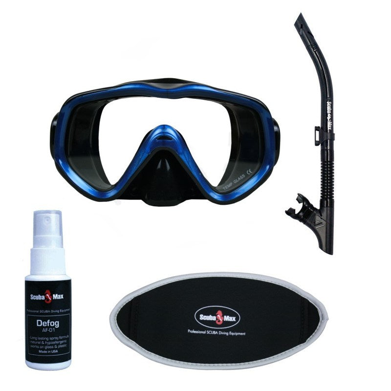 Scuba Max Encore Scuba Dive Mask Reflect-Dry Pro Snorkel Neoprene Mask Strap Cover Defog Sprey Snorkel Package - DIPNDIVE